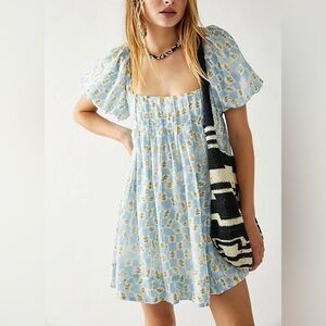 Free People Marina Mini Dress in printed Ivory Baby Blue Combo. NWT